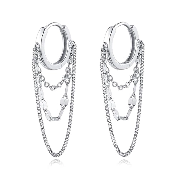 Reffeer Solid 925 Sterling Silver Chain Drop Earrings Hoop for Women Teens Hoop Earrings Tassel Chain Huggie Dangle Earrings