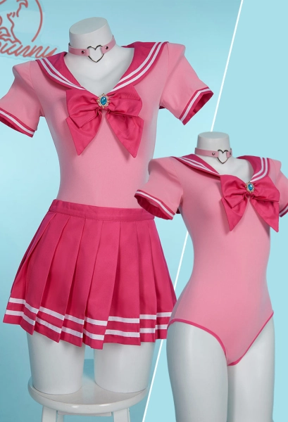 Peach Derivative Sexy Lingerie Bodysuit and Skirt with Choker and Socks