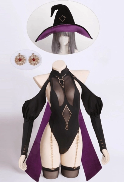 Sexy Witch Lingerie Set Mesh Cutout Bodysuit with Cape and Magic Hat
