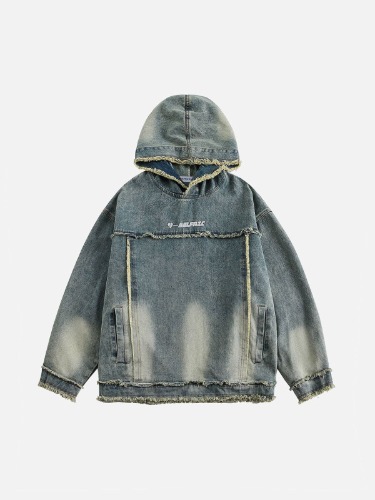 Aelfric Eden Fringe Denim Washed Hoodie | Blue / M