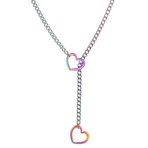 sroyte Heart Slip Chain Necklaces for Women,Stainless Steel O-Ring Adjustable Lariat Heart Y-Necklace,Punk Gothic Cuban Collar Choker Necklace for women - 25" - Colorful Heart