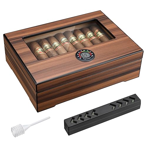TISFA Cigar Humidor Box Handmade Cigar Case with Humidifier and Hygrometer, Desktop Cedar Wood Cigar Box with Divider, Cigar Accessories for Men, Humidors Cigar Gifts for 20-30 Cigars (Woodgrain) - Woodgrain