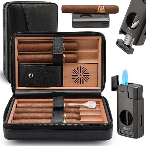 TISFA Cigar Humidor, Leather Cedar Wood Cigar Case with Cigar Lighter, V Cut Cigar Cutter, Cigar Holder 3 in 1, Portable Travel Cigar Humidor Box with Humidifier (Black) - Black