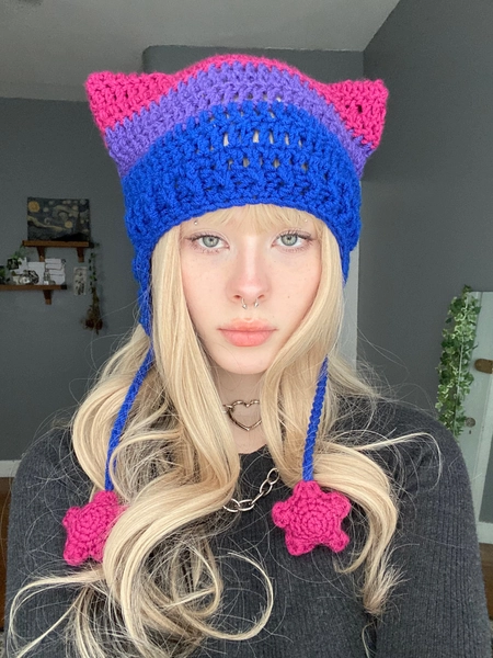 LGBTQ+ flag inspired cat ear flap hat with stars crochet handmade knitted beanie pride color design inspired