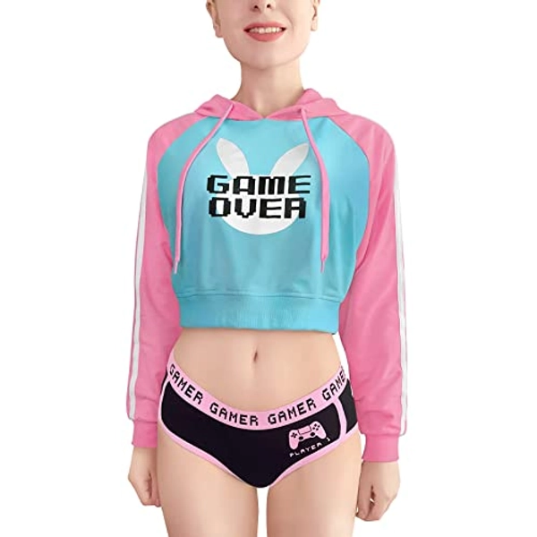 Littleforbig Women's Bunnywatch Cosplay Gaming Casual Regular Fit Long Sleeve Drawstring Cropped Hoodie Sweater Pink