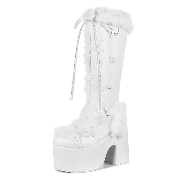VIMISAOI Womens Mid Calf Boots, Lace Up Zip Block Chunky High Heel Punk Goth Warm Fur Winter Snow Platform Boots