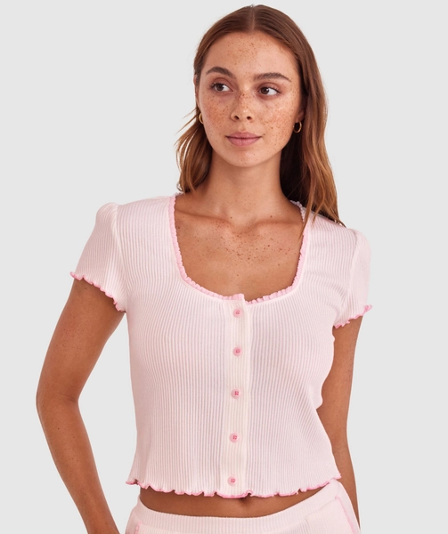 Sary Short Sleeve Cardi - Ivory/Pink 12