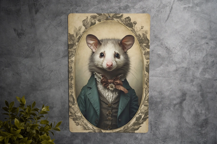 Victorian Portrait of an Opossum Metal Sign, Unique Animal Art, Vintage Home Decor, Opossum Lover Gift, Eclectic Wall Art