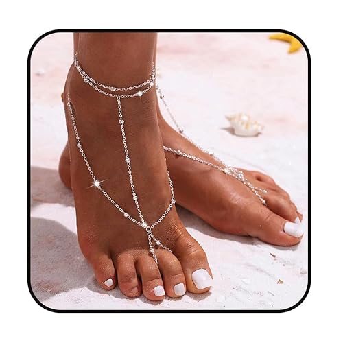 Aularso 2PCS Boho Beaded Foot Chain Layered Barefoot Sandals Summer Beach Ankle Chain for Women (Silver) - Silver