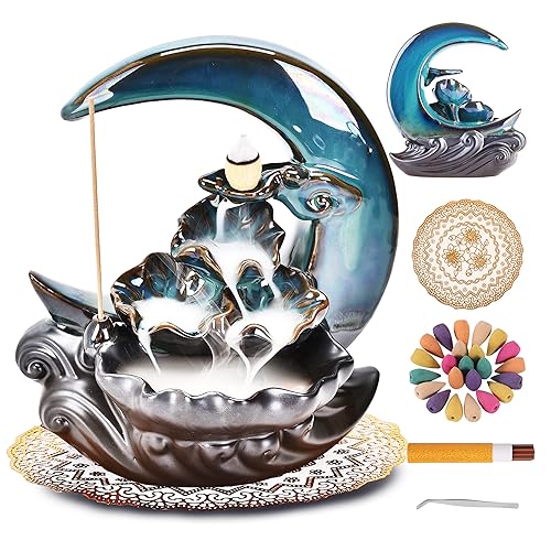 Zvaiuk New Moon Backflow Incense Holder, Ceramic Hand-Made Incense Fountain Burner with 100 Backflow Incense Cones，Fragrance Incense Stick，mat，Aromatherapy Home Decoration