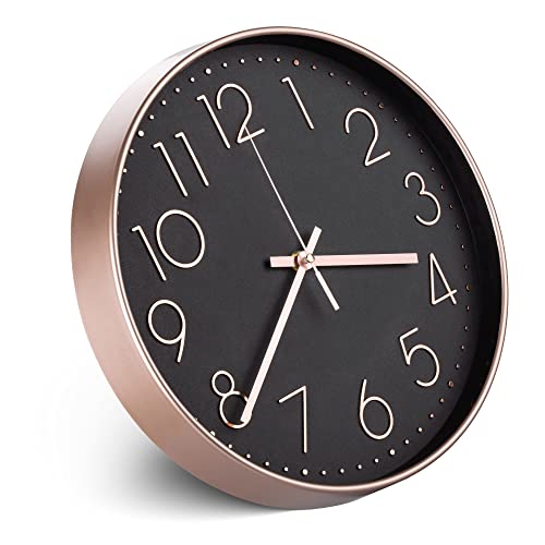 Navaris No Ticking Wall Clock - Contemporary Modern Design Silent Battery Powered Wall Mounted Clock for Kitchen Living Room - Rose Gold/Black - rose gold-black