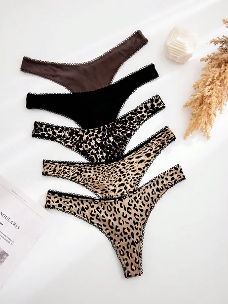 5pack Leopard Print Low Rise Thong