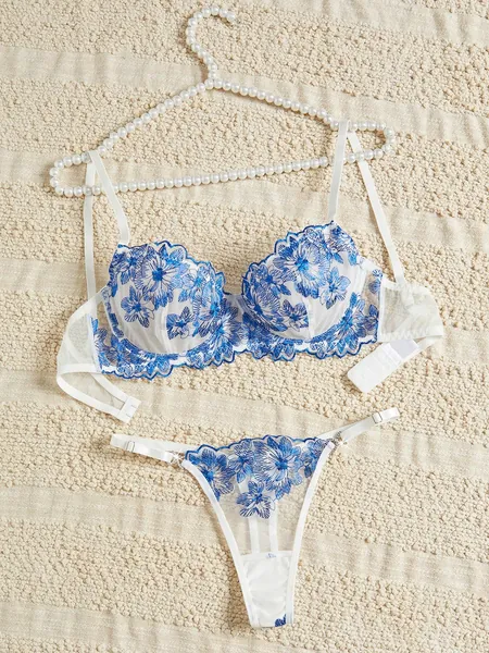 2pcs Blue Vintage Lady Sexy Bra & Thong Lingerie Set
