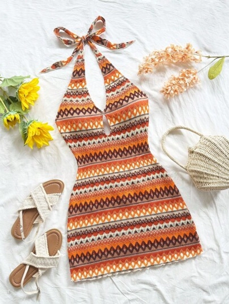 Multicolor Striped Backless Mini Beach Dress