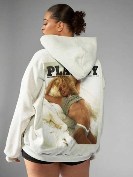 MISSGUIDED MISSGUIDED PLUS x Playboy Plus Size Retro Magazine Cover Hoodie Oversized Casual Streetwear Sweatshirt Fall Winter Vintage Graphics Loungewear Pullover