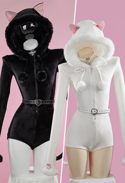 Kawaii Hooded Bodysuit Sexy Lingerie Plush Bodycon Romper with Tail Belt