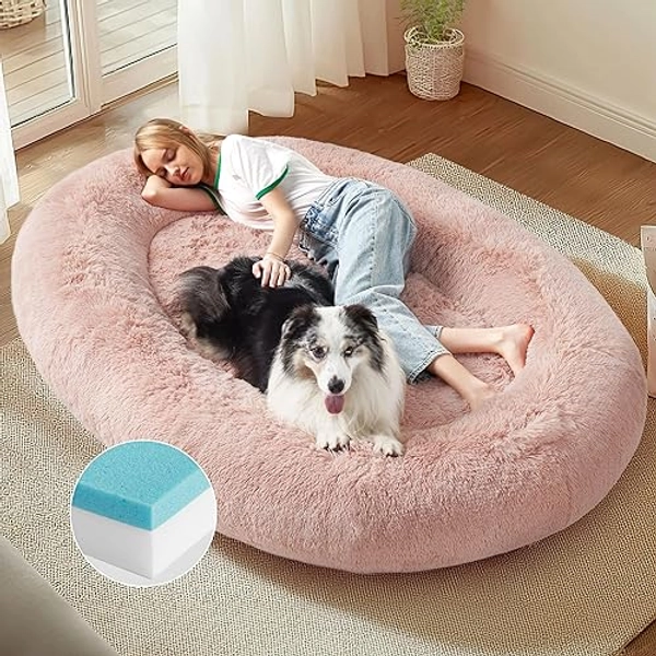 Bedsure Memory Foam Human Dog Bed, 72"x48"x12" Calming Giant Human Dog Bed for Adults People Fits Pet Families with Storage Pocket, Fluffy Faux Fur Orthopedic Dog Bean Bed, Pink
