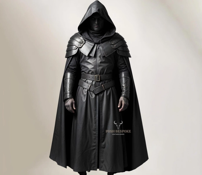 100% Black Leather Medieval Cloak Armor - Hooded Cloak Costume For Cosplay - Medieval Armor LARP Festival Outfit - Leather Knight Armor