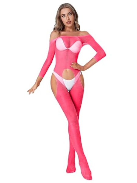 WDIRARA Women's Mesh Bodystocking Off The Shoulder Fishnet Bodysuit Tights Lingerie