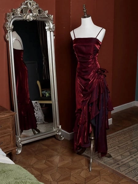 [$82.00]Dark Red Vintage Floral Dress Asymmetrical Hem Prom Gown