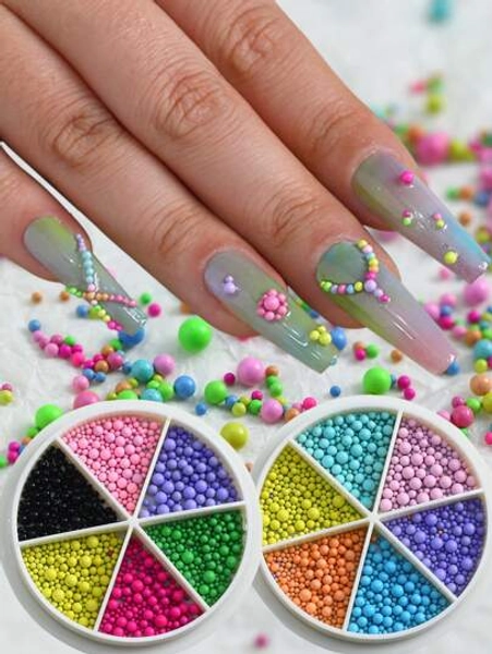 1 Box Of 6 Colors Mixed Metal Beads, Nail Caviar Beads, 3d Design Jewelry, Multi-Size Nail Design Round Steel Beads For Nail Art Decoration, Charm Nail Jewelry For Women And Girls