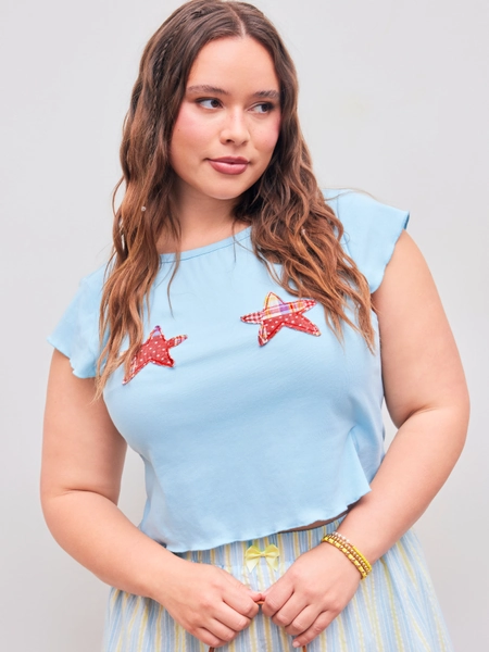 Star Applique Embroidery Lettuce Trim Short Sleeve Tee Curve & Plus
