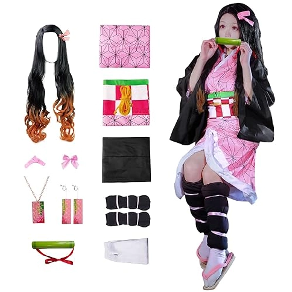 JYakeji 10 Stück Nezuko Cosplay Kostüm Kimono für Kinder Erwachsene Japanisches Anime Kostüm Halloween Kimono Outfit mit Perücke