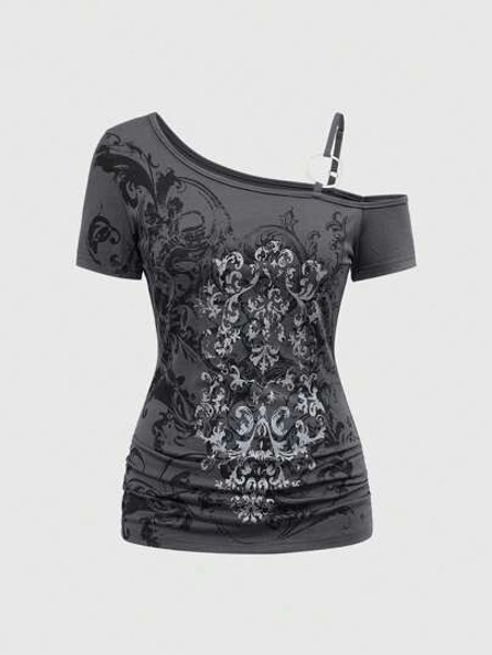 ROMWE Grunge Punk Cute Tropical Purple Vine Cross Strap Elastic Ruched Women Short Sleeve Camisole Tee, Suitable For Summer Beach, Graduation, Easter, Concert, Nashville Vacation, Elegant