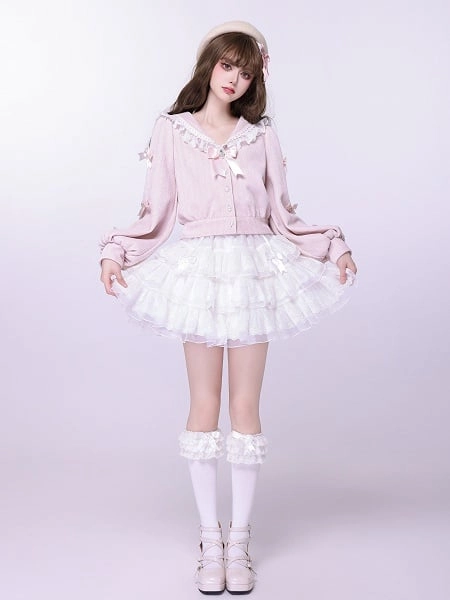 [$36.50]Sweet Sakura Pink Jirai Kei Lace Trim Sailor Collar Cardigan