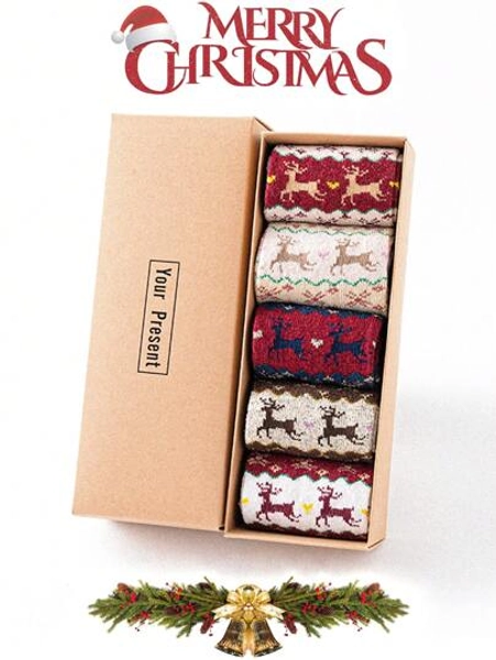 4 paar damessokken met fleecevoering in de vorm van een kerstrendier, verdikte en met fleece gevoerde sokken tot halverwege de kuit voor koud weer, comfortabele en zachte wollen sokken, veelzijdige feeststijl - het perfecte kerstcadeau voor familie. Willekeurig verzonden, geen geschenkdoos inbegrepen.