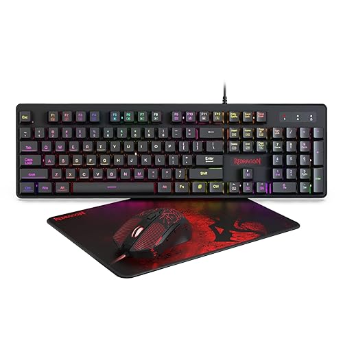 Redragon S107 Gaming Keyboard and Mouse Combo Large Mouse Pad Mechanical Feel RGB Backlit 3200 DPI Mouse for Windows PC (Keyboard Mouse Mousepad Set) - S107-SET - Black-NewVison