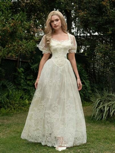 SHEIN MOD Apricot Dreamy Romantic Elegant Lace Patchwork Satin Dress With Ruffled Hem And Bow Accents, Suitable For Dates, Parties, Holidays, Tea Parties, Birthday Occasions,Easter Dress Women,Prom Dress,Summer Clothes,Vacation Outfits Women,Wedding Guest Dress Women,Formal Dresses For Women,Graduation Dress,Birthday Dresses For Women