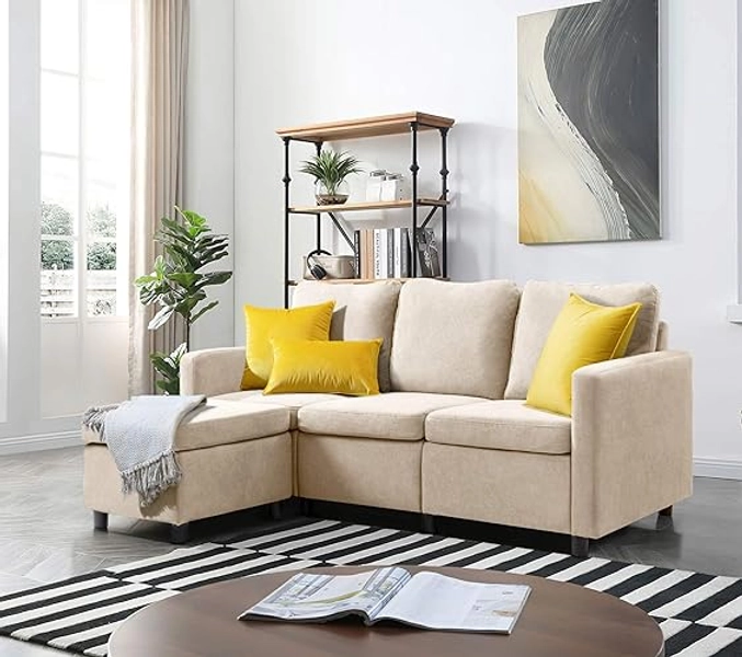VICTONE Convertible Sectional Sofa Couch, 3 Seat L-Shaped Sofa with Linen Fabric, Movable Ottoman Small Couch for Small Apartments, Living Room and Office (Beige)