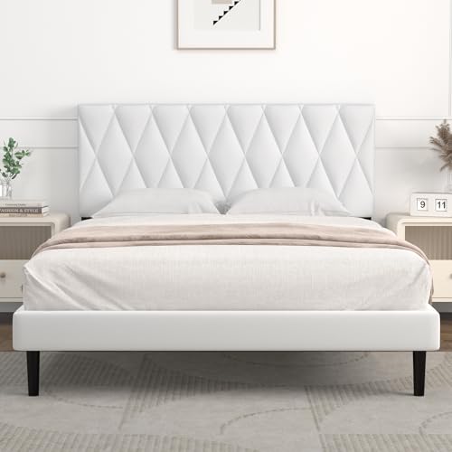 IYEE NATURE Queen Bed Frame Upholstered Platform with Headboard and Strong Wooden Slats, Strong Weight Capacity, Non-Slip and Noise-Free,No Box Spring Needed, Easy Assembly,Queen Size Bed Frame,White - Off-white - Queen