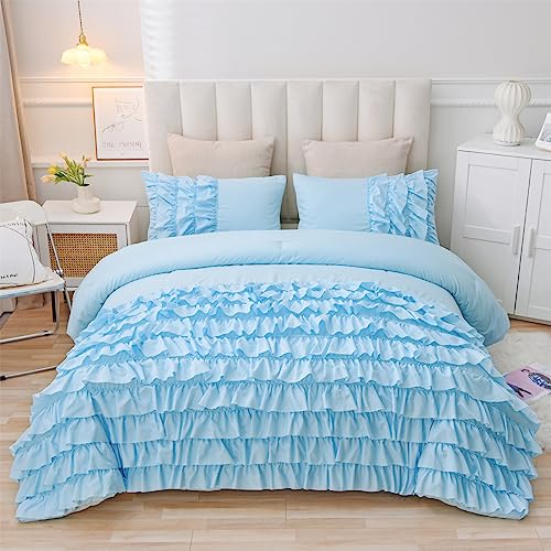 Holawakaka Light Blue Waterfall Ruffle Comforter Set Queen Size Multi-Layers Ruffled Shabby Chic 3PCS Bedding Set for Girls Women, Light Blue Queen - Light Blue - Queen
