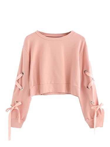 SweatyRocks Women's Casual Lace Up Long Sleeve Pullover Crop Top Sweatshirt - Medium - Solid Pink
