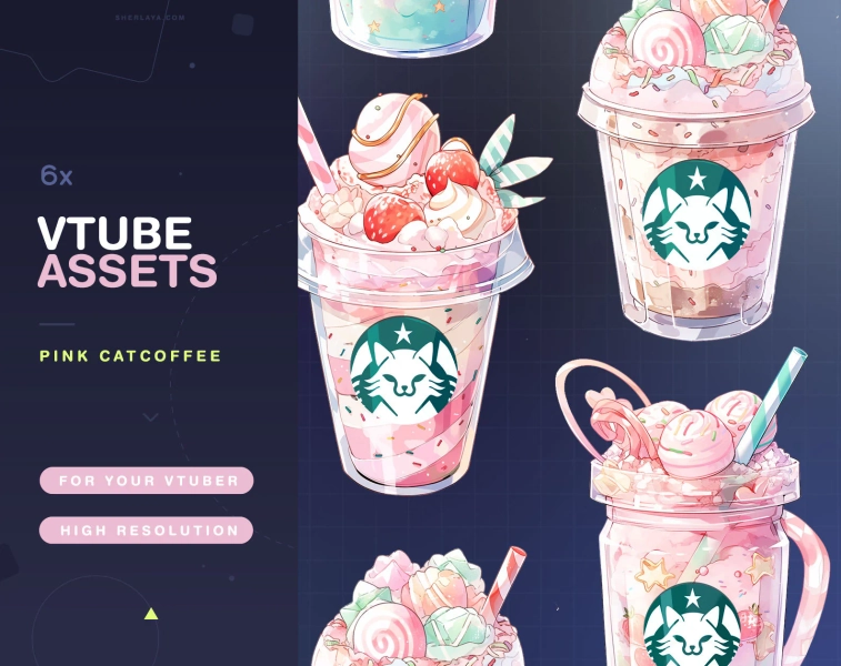 Vtuber Assets Pink Cat Coffee / Vtube / Vtubing / Twitch / Kawaii / Manga / Cute / Cup / Watercolor / Cafe