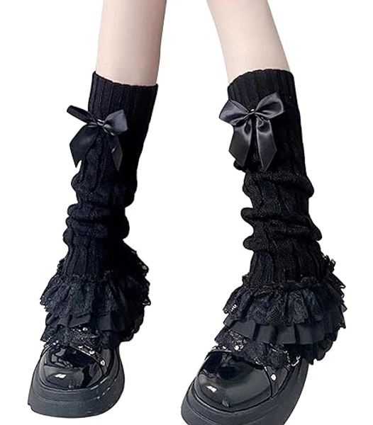 Leoparts Women's Knit Leg Warmers Y2K Bow Lace Trim Knee High Leg Sleeve Socks for Lolita Costume Party Accessory