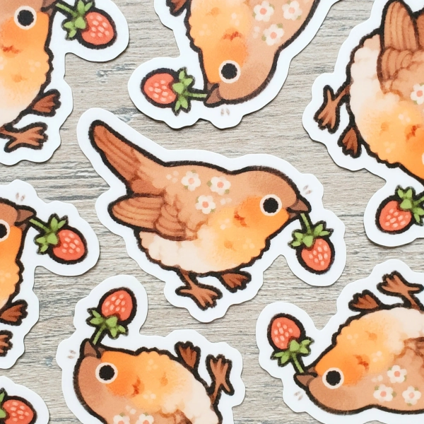 Strawberry Thief Bird Sticker / Cute Animal Sticker / Vinyl Water Bottle Laptop Notebook Phone Case Sticker, Bird Watcher Gift