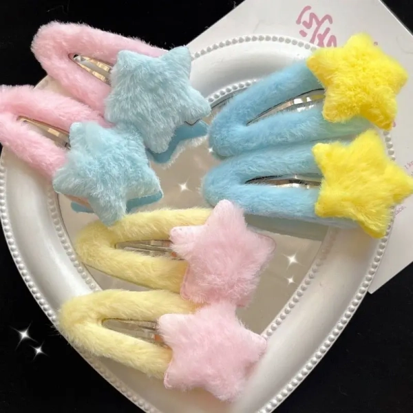 Fuzzy Star Hair Clips for Kawaii and Pastel Style Accessories