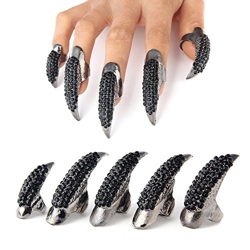10 PCS Halloween Costume Claws Fake Nails Ring Set, Bestga® Gothic Punk 3 Sizes Crystal Full Finger Rings Paved Paw Bend Fingertip Fingernail Claw Girls Women Men Ring False Easy Long Nails (Black) - Black