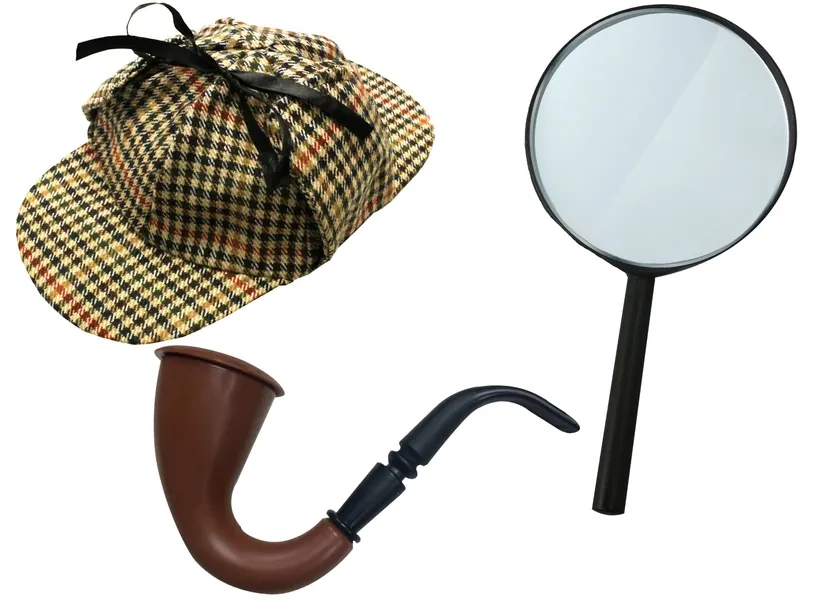 Victorian Detective Detective Costume Kit - Deerstalker Hat, Brown Victorian Style Pipe and Magnifying Glass - 3 Piece Accessory Set