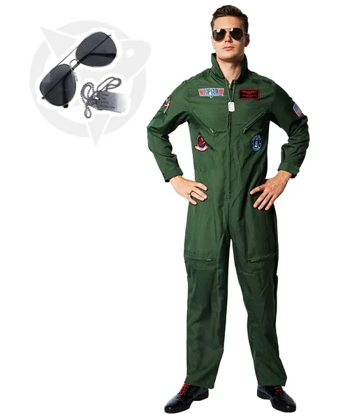 EraSpooky Men Pilot Costume Aviator Fancy Dress Halloween Party Cosplay Outfit for Adult