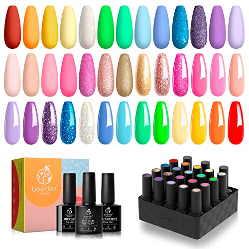 Beetles Gel Polish Nail Set 23 Pcs 20 Colors Rainbow Collection Green Pink Blue Glitter Nude Manicure Kit for Girls with 3Pcs Base Matte and Glossy Top Coat Uv Lamp Needed Gift Set - Rainbow