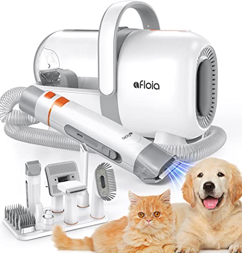Afloia Dog Grooming Kit & Vacuum Suction, Professional Dog Clippers with 7 Pet Grooming Tools Include Grooming, Deshedding, Cleaning Brush, Nozzle, Clipper, Nail Trimmer, Grinder for Dog Cat Pet, 1.5L - White