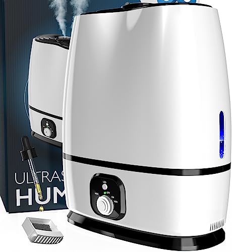 50-Hour Ultrasonic Cool Mist Humidifiers for Bedroom (6L) - Quiet, Filterless Humidifiers for Large Room w/Essential Oils Tray - Small Air Vaporizer for Baby, Kids & Nursery - Everlasting Comfort - White