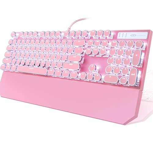 Camiysn Typewriter Style Mechanical Gaming Keyboard, Pink Retro Punk Gaming Keyboard with White Backlit, 104 Keys Blue Switch Wired Cute Keyboard, Round Keycaps for Windows/Mac/PC - pink(round keycaps)