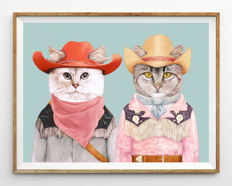 Cowboy Cats Art Print - Colorful Wall Art - Maximalist Decor -  Funky Western Eclectic Home Decor