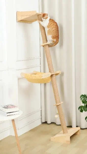 Cat Climbing Tower Wall Mounted Cat Tree with Hammock 76" Tall Simply Suctions to Window Cat Wall Shelves for Indoor Cats Scratching, Perching and Playing - Lean against wall cat tree
