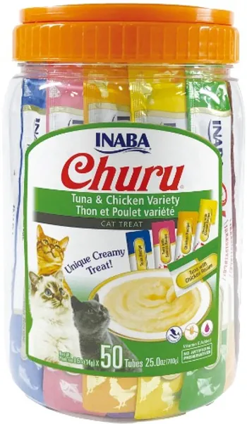 INABA Churu Cat Treats, Grain-Free, Lickable, Squeezable Creamy Purée Cat Treat/Topper with Vitamin E & Taurine, 0.5 Ounces Each Tube, 50 Tubes, Tuna & Chicken Variety - 